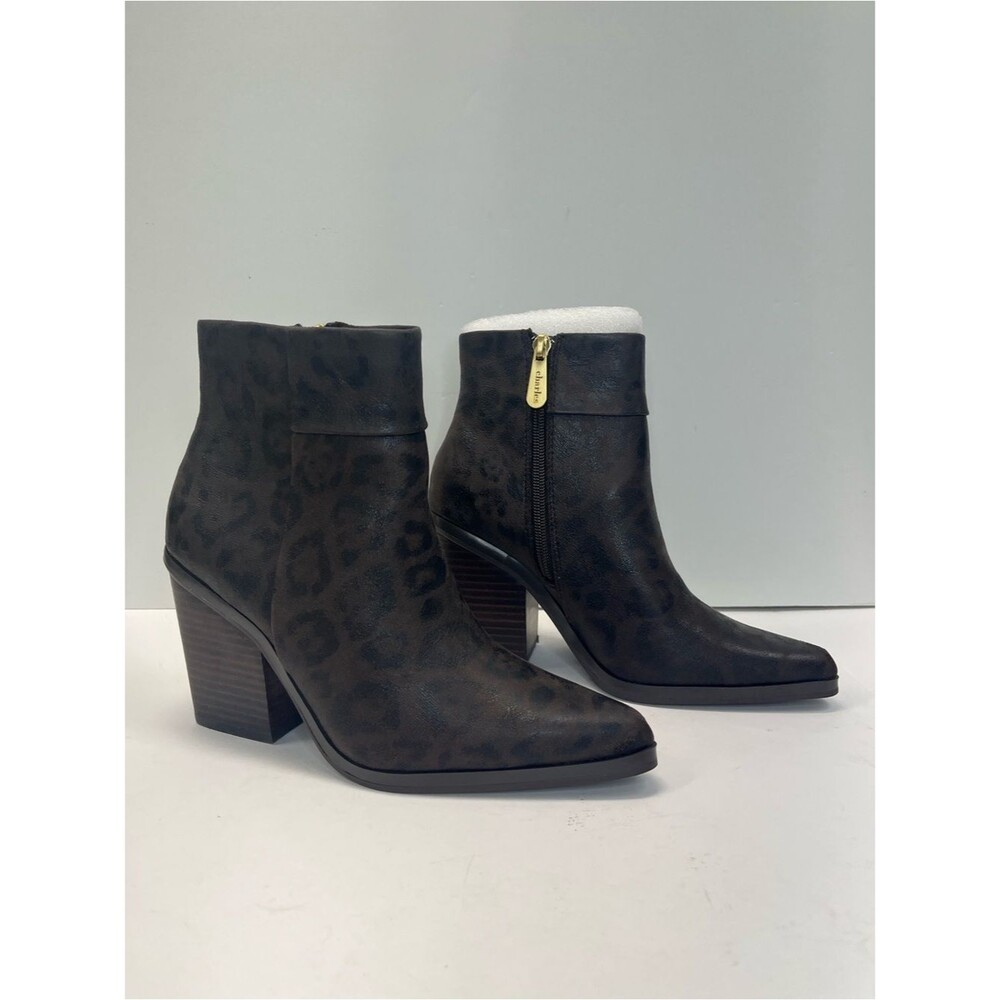 Charles David Womens Van Block Heel Dress Boots dark brown leopard print